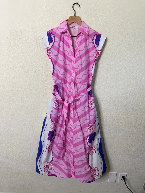 Celina‎ Moon Pink Floral Belted Poplin Sleeveless Midi Dress Womens Size XS - Image 2
