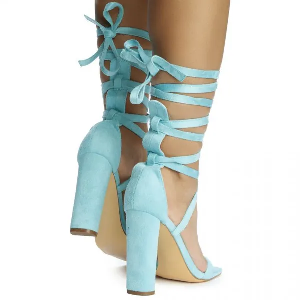 Liliana Blue Suede The Novax Strappy Lace Up Wrap Tie Open Toed High Block Heels - Image 10