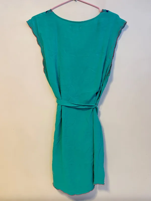 Flying Tomato Boho Embroidered Tie Waist Long Top Mini Dress Teal Green Womens L - Image 2