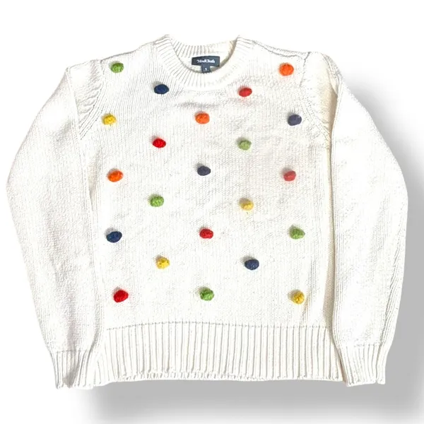 ModCloth White Knit Sweater Multicolor Rainbow Pom Poms Polka Dot Crewneck‎ - Image 6