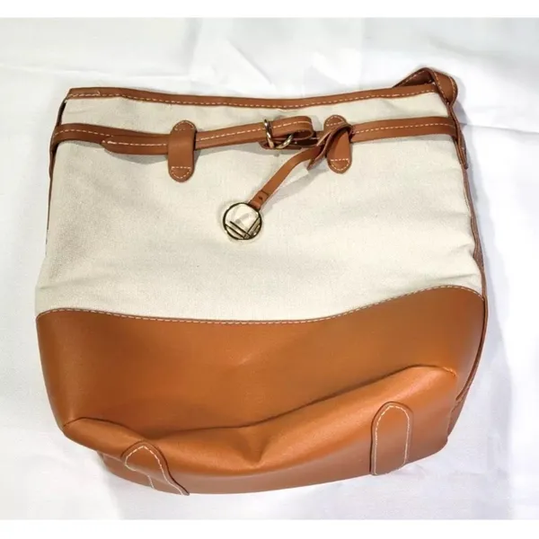 LOULU Brand Bucket‎ Bag Purse 12 x 10 x 4 LARGE Bag, Beige Brown Canvas Faux - Image 3