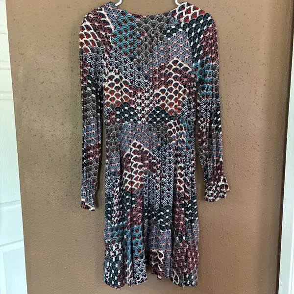 Maeve Anthropologie Multi Color Fan Print V-Neck Long Sleeve Dress Womens Small - Image 5