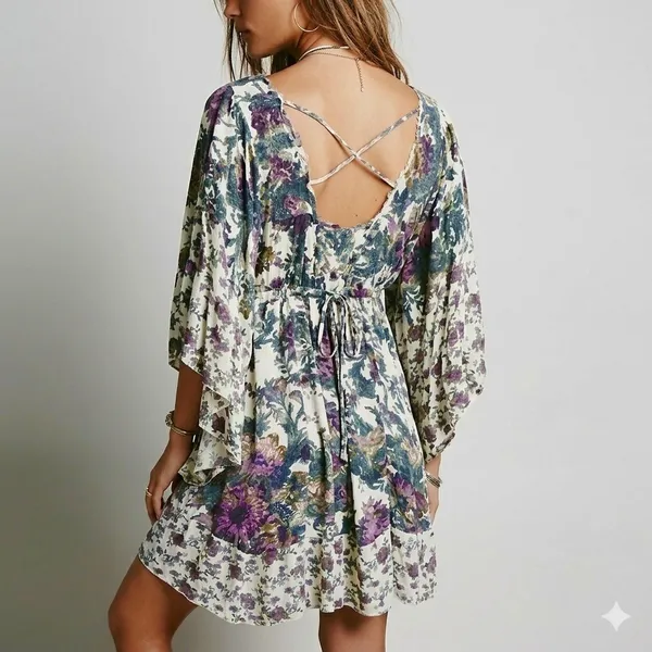 Free People Heart of‎ Gold Dress M Moody Floral Bell Sleeve Boho Whimsigoth Mini - Image 3