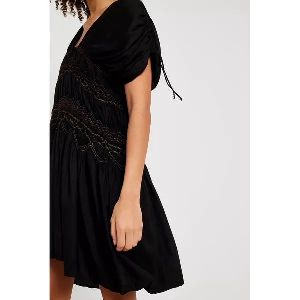 Free People Black Rainbow Smocked Boho Mini Dress S Ruched‎ Embroidered NWT - Image 2