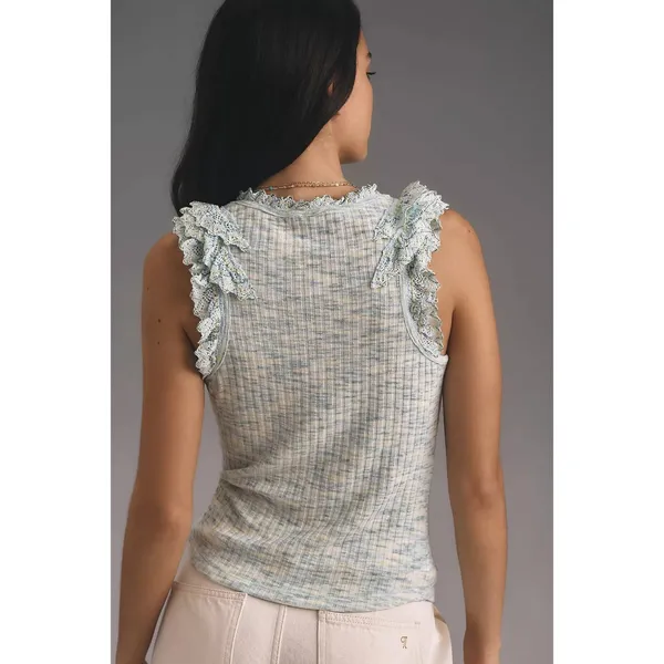 By Anthropologie -641 Crochet Ruffle Tank Top Sleeveless Knit‎ Blue Size Small - Image 4