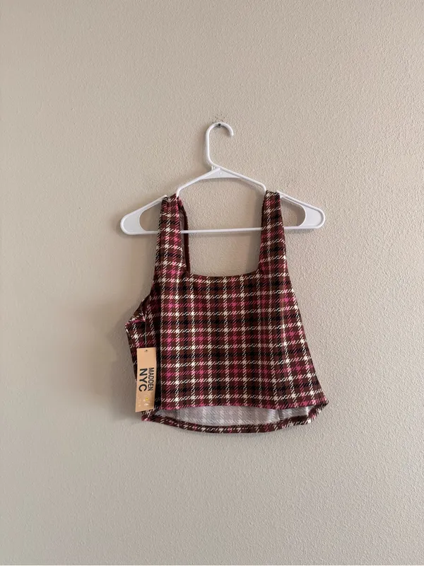 NWT madden NYC Plaid Square-Neck Crop Tank Top - Burgundy Pink - Image 3