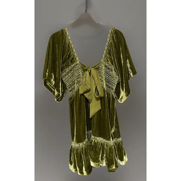 Free People Easy To Love Velvet Smocked Ruffle Mini Dress Size S Olive Green NEW - Image 7