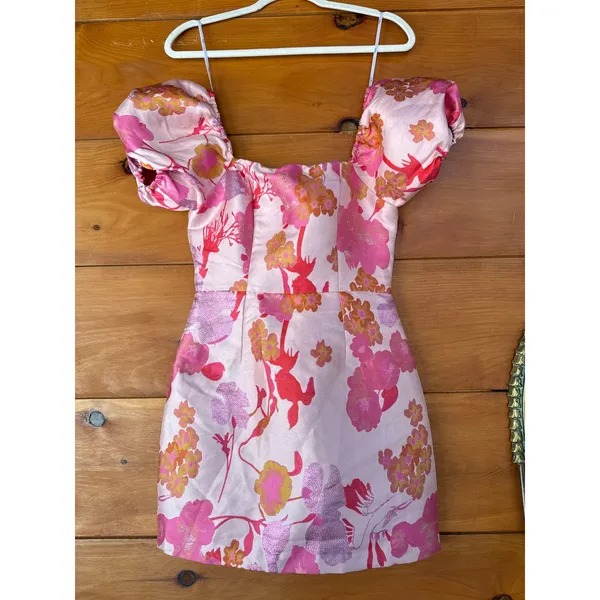 NWOT Lulus So Stunning Orange Multi Floral Jacquard Puff Sleeve Mini Dress Sz XS - Image 4