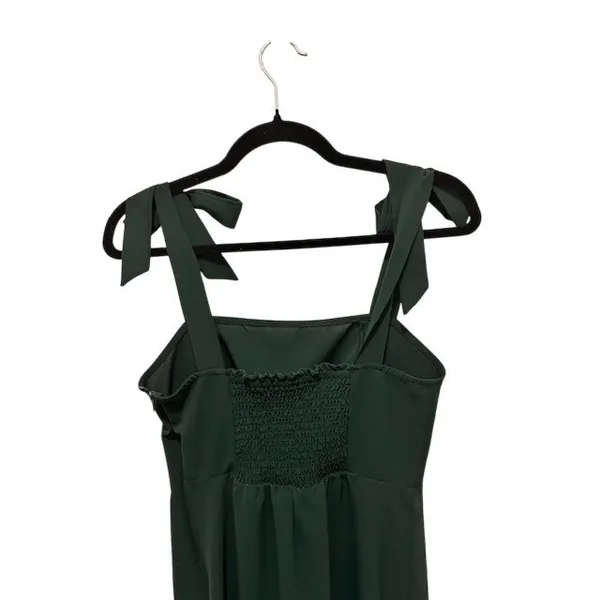 Deep Green Tie Shoulder Smocked Back Midi Dress Wedding Guest Garden Party Small - Image 12