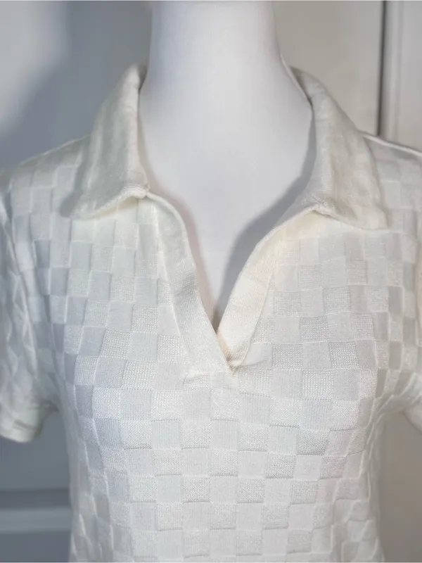 Ivory Checkerboard Knit Polo Top M Textured Johnny Collar Preppy Cropped Tennis - Image 3