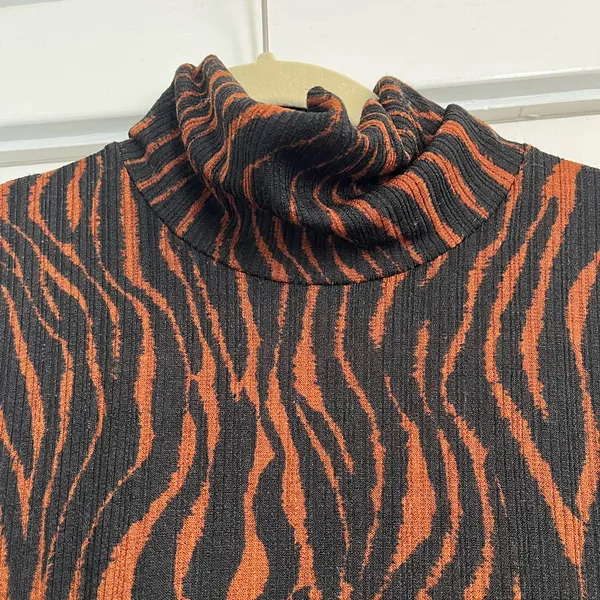 Zara Black Midi Dress Brown Black zebra tiger animal Print turtleneck longsleeve - Image 4