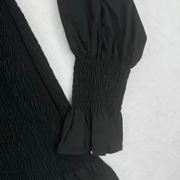 Derek Lam 10 Crosby Mini Dress Size 6‎ Black Long Sleeve Smocked Ruffle Cotton - Image 4