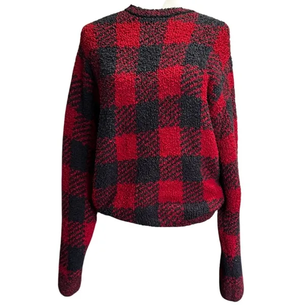 SKIMS Red & Black Buffalo Check Fuzzy Knit Sweater – S/M Oversized - Image 2