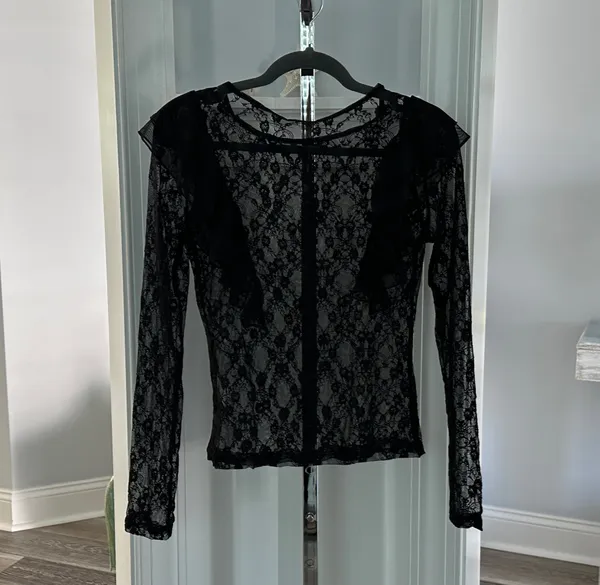 NWT SHEIN Sz S Sheer Black Lace Top w Ruffle Accents Cute! - Image 9