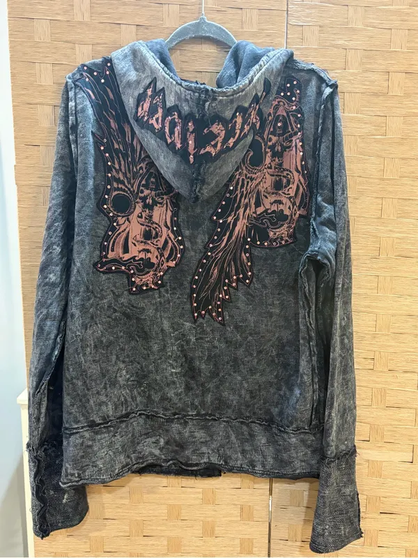 Deceiver Graphic Zip Hoodie Sweater L Black Distressed Y2K Gothic Grunge - Image 7