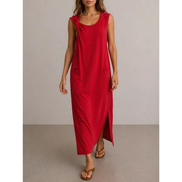 Free People Beach Drew Tee Dress Barbados Cherry Red Twist Sleeve Midi Sz Small - Image 11