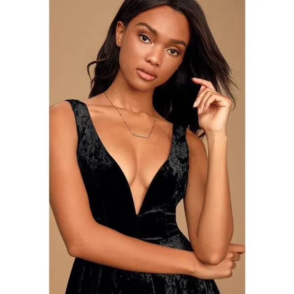 Lulus This Night Black Velvet Backless Skater‎ Dress Sz S - Image 3
