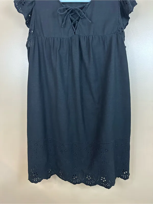Old Navy Black Linen Blend Eyelet Lace Flutter Sleeve Empire Swing Dress Large - Image 7