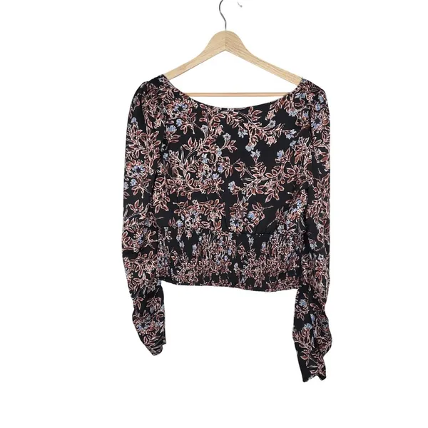 Free People Floral Smocked Crop Top L Square Neck Balloon Sleeve Black Boho - Image 3