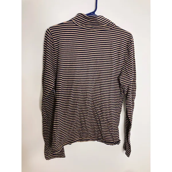 J.Crew Turtleneck Top Womens Large Navy Tan Excellent Striped Long Sleeve Cotton - Image 5