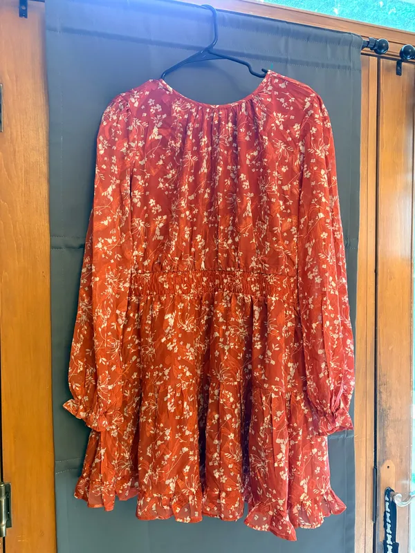 NWT Lulus Too Cute Rust Red Floral Print Smocked Long Sleeve Mini Dress - Image 2