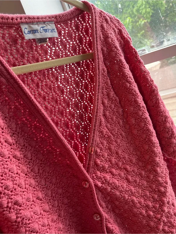 Vintage Pink Knit Button front Cardigan cotton women’s size medium chunky - Image 8