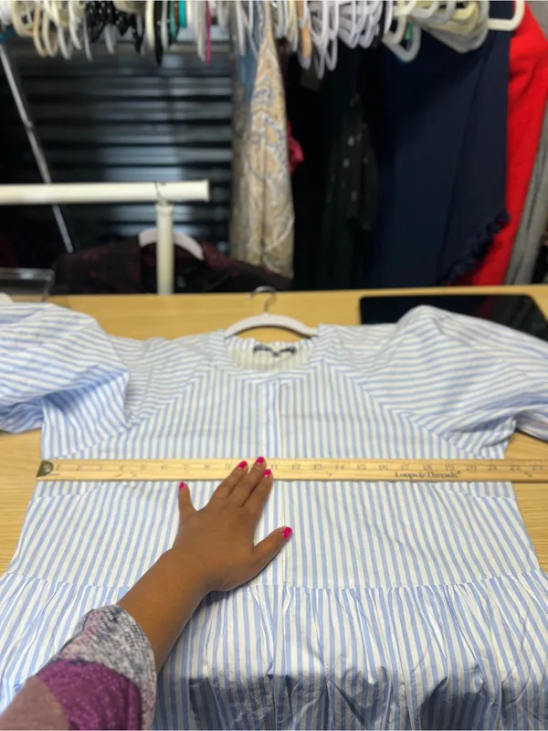 English Factory Blue White Striped Tiered Puff Sleeve Midi Dress L - Image 10