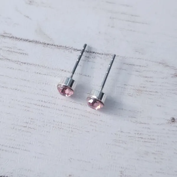 Round Pink Gem & Silver Tone Stud Earrings 1/8" Small - Fair Condition - Image 3
