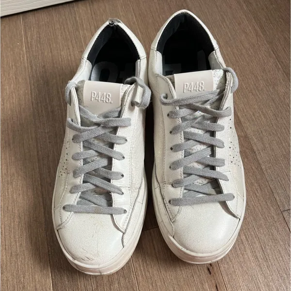 P448 John Pearl Silver Glitter Leather Low Top Sneakers Size 38 / US 7.5 - Image 8