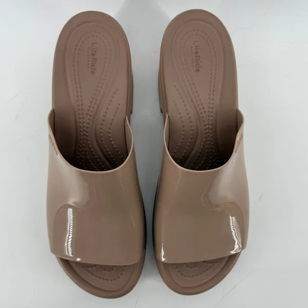 Crocs Brooklyn Slide Block High Shine Heel Sandals Latte Tan Women 11 Chunky Y2K - Image 4
