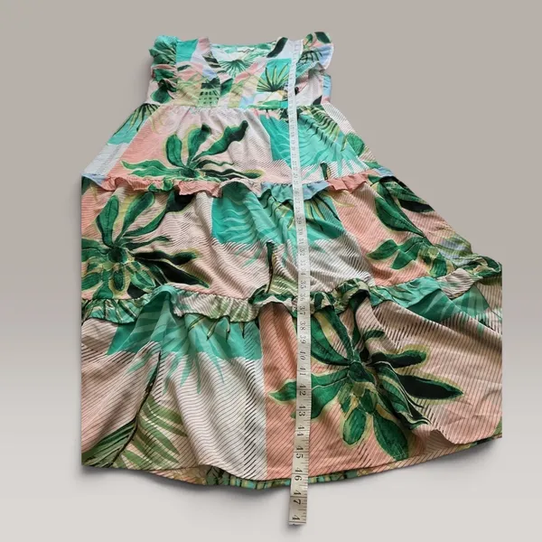 Entro Tropical Palm Leaf Print Ruffle Tiered Midi Dress V-Neck Green Pink S - Image 7