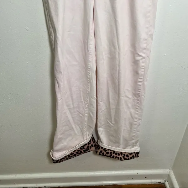 Q2 Premium Denim Womens Sz XS Wide Leg Pants Leopard Print Trim Cream Light Pink - Image 4