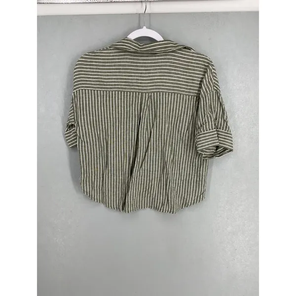 Zara Women Button Down Shirt Olive Green White Striped Cuffed Sleeve Size XS - Image 3