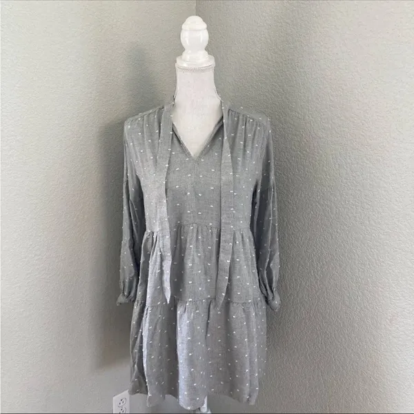 Zara Gray Swiss Dot Long Sleeve V-Neck Tiered Short Casual Dress Size XS - Image 2