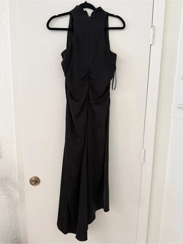 Donna Karan New York Black Satin Halter Midi Dress Ruched Side Slit Size‎ 4 - Image 4