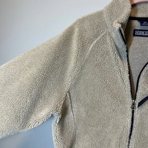 Lands End Vintage Sherpa Fleece Jacket Medium‎ Beige Full Zip - Image 5