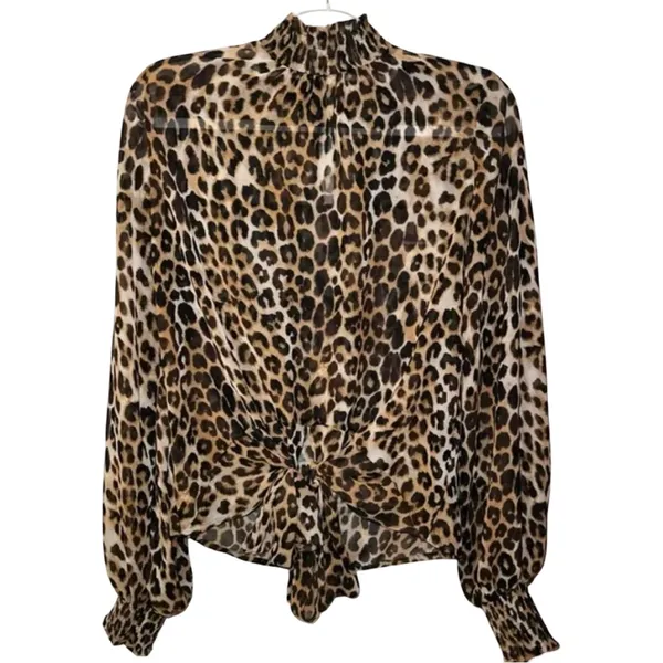 Express Size Medium Leopard Print Smocked Mock Neck Tie-Front Top. Preloved - Image 2