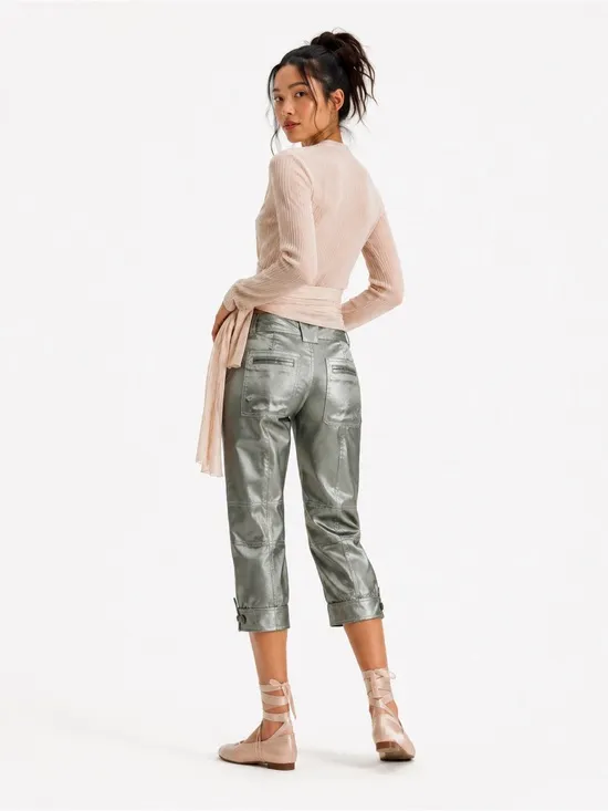 NEW Free People Ryder Pants L Metallic Silver Satin Moto Crop Vegan Shiny Green - Image 2
