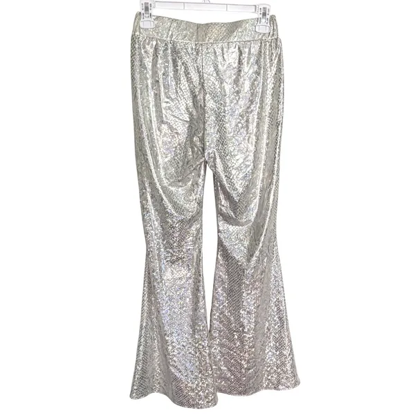 NWOT Silver Holographic Sequin High Rise Flare Bell Bottom Pants Small - Image 7