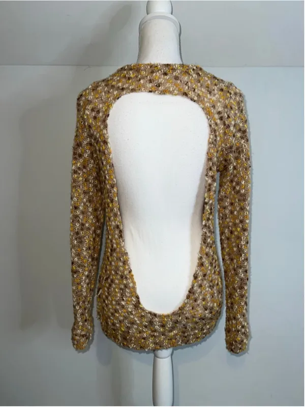 Open Back Brown Yellow Knit Sweater M Size M - Image 2