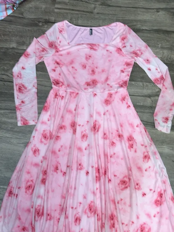 Blush Pink Floral Long-Sleeve Midi Dress with Square Neck Size L - Image 3