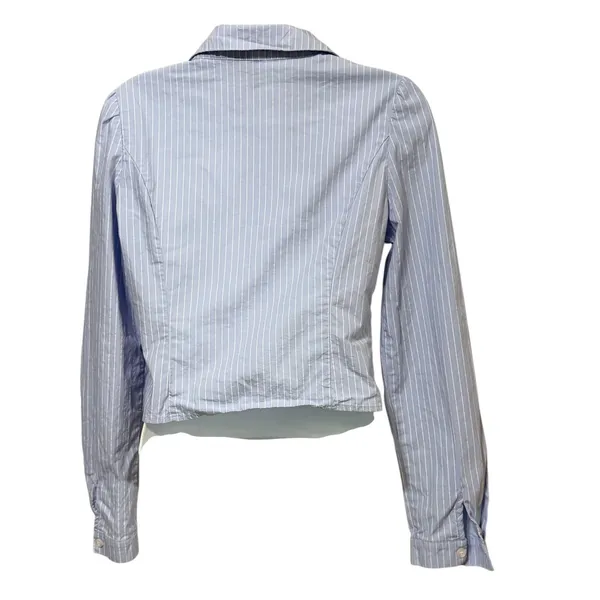 Edikted Blue White Striped Cinched Waist Cropped Button Down Shirt Small - Image 3