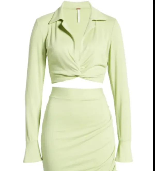 Free People Clara Ruched Long Sleeve in the "La Pera" sage green color - Image 2