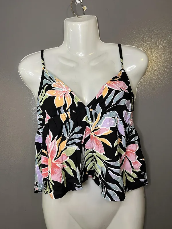 Billabong Tank Top Womens Medium Black Tropical Floral V Neck Strappy Cami - Image 2