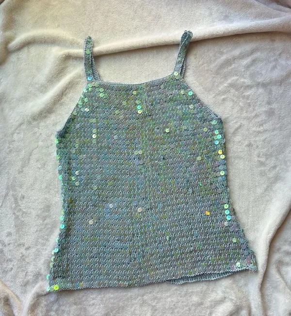 Vintage Blue Sequin Embellished crochet knit cami Tank Top - Image 2