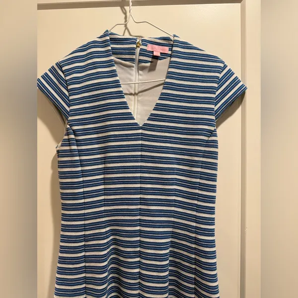 Lilly Pulitzer Bree Blue and White V-neck Striped Fit & Flare Dress Size M‎ - Image 2