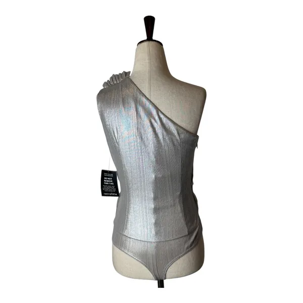 Retrofête Cassie Bodysuit Women XS Silver Metallic One Shoulder NWT‎ Party Club - Image 3
