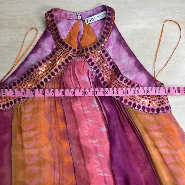 Zara Pink Orange Tie Dye Sequin Halter Maxi Dress Bohemian Festival Size M - Image 8