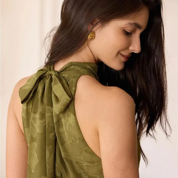 RIHOAS The Green Jacquard Ruched Halter Midi Dress L 76 - Image 4