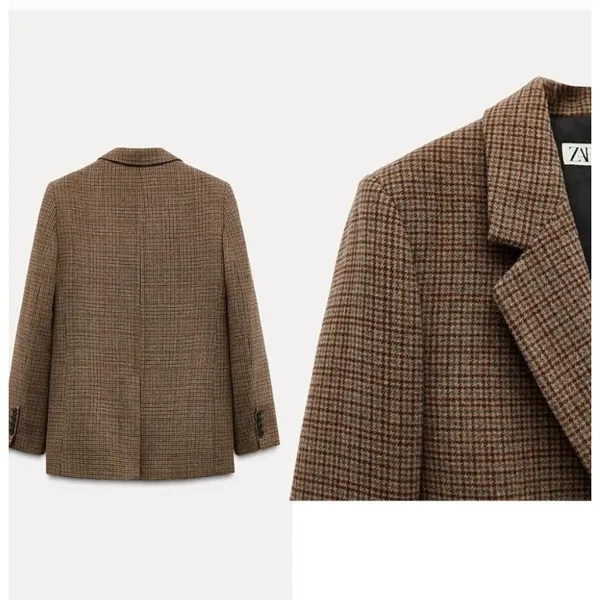 Zara Brown Wool Blend Checkered Heritage Academic Blazer NWT Size XS - Image 7